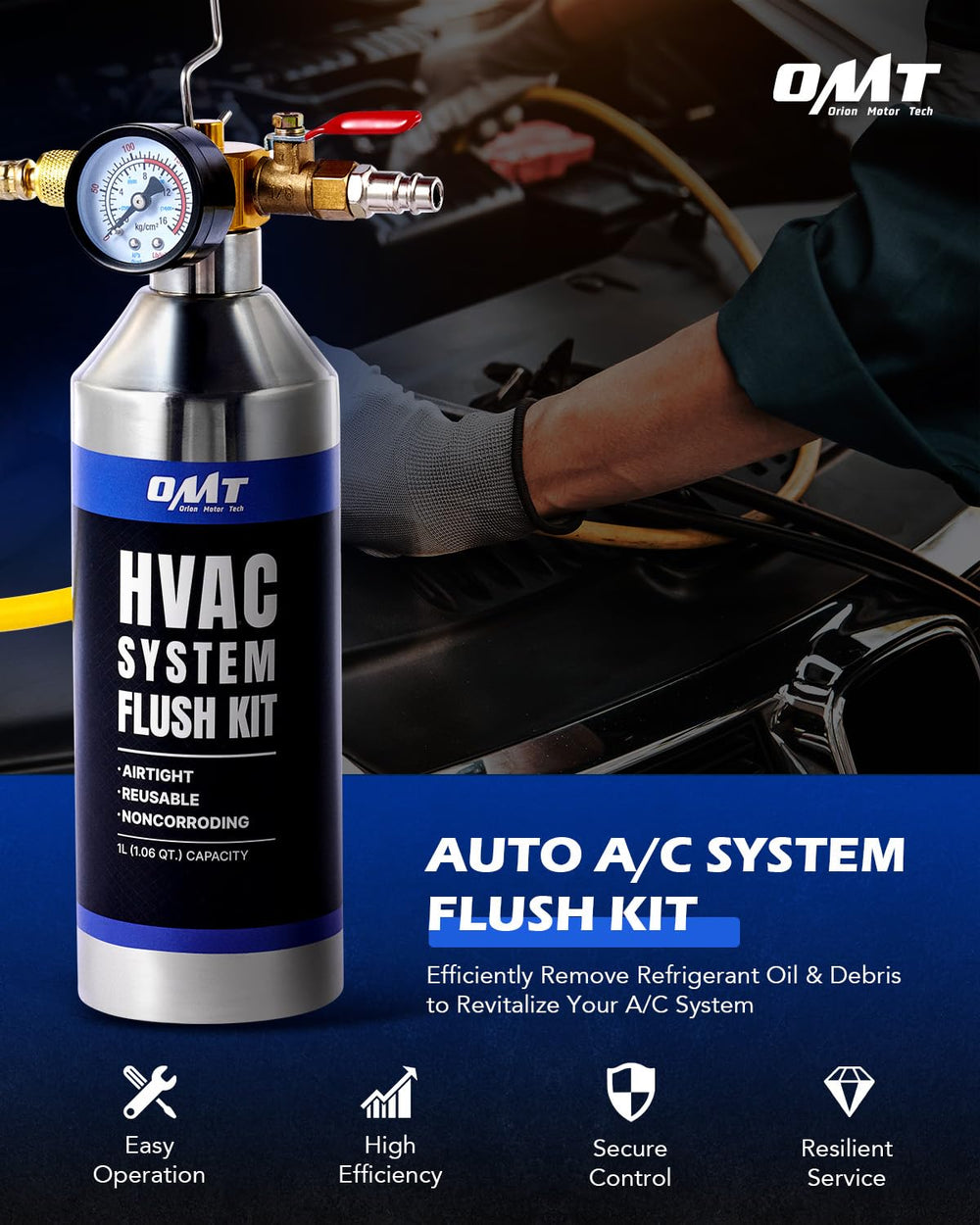 OMT AC Flush Kit with 33.5 oz Tank for R134a R12 R22 R410a