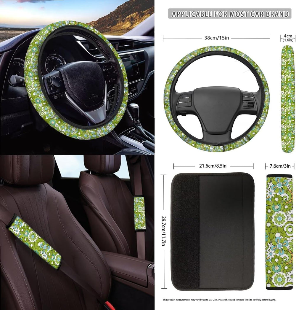 Hippie Flowers Green Print 15Pcs Car Seat Cover Full Set Car Steering Wheel C...
