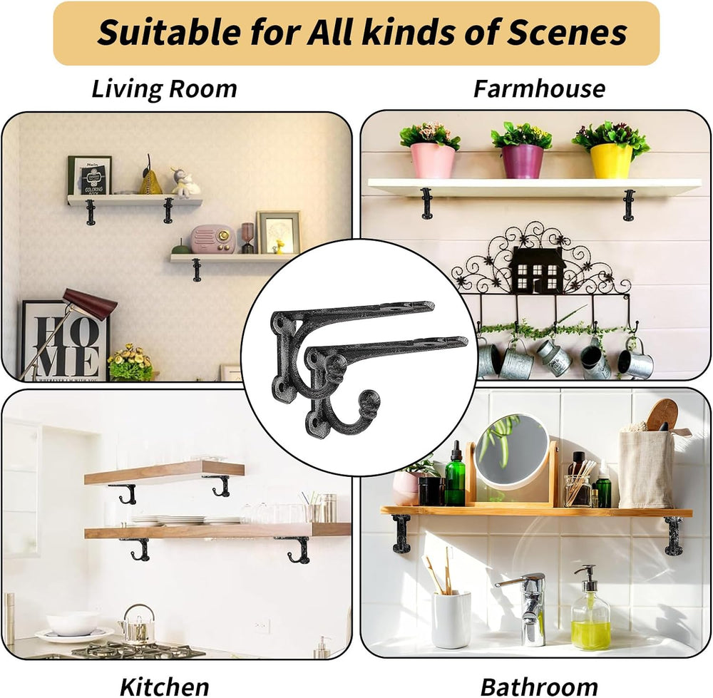 Cast Iron Shelf Brackets 4 Inch, 4 Pack Black Rustic Shelf Brackets with Hook...