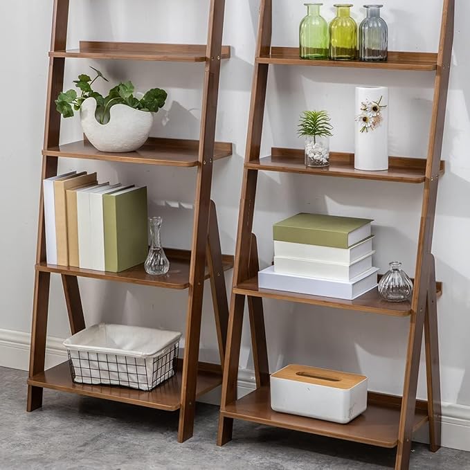 Maydear Bamboo Ladder Shelf Bookcase, 5-Tier Leaning Bookshelf Free Standing