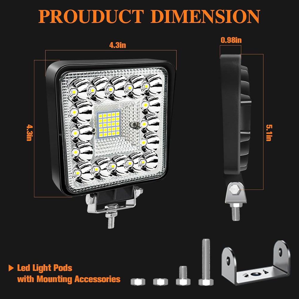 LED Tractor Work Light 4 Inch 123W 12V 24V Square Light Bars Spot Flood Off R...
