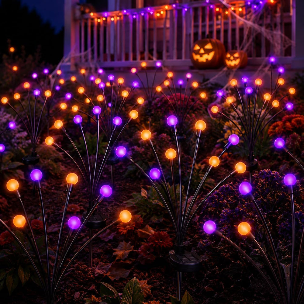 Solar Firefly Lights Outdoor, 4 Pack Orange Purple Halloween Yard Decor