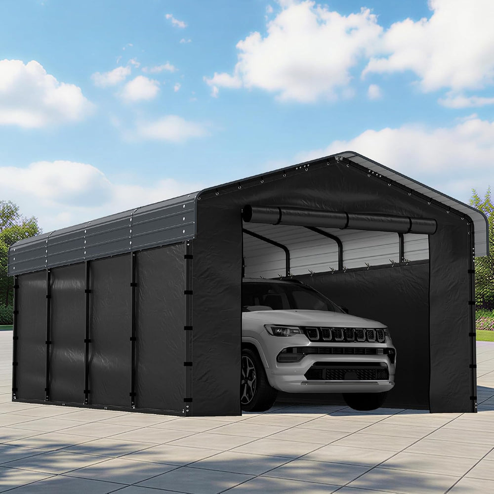 12x20FT Heavy Duty Metal Carport with Removable Sidewalls & Doors, Gray