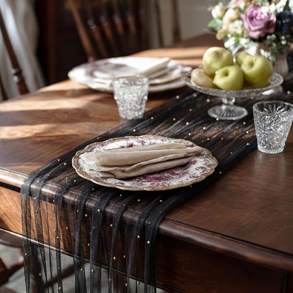10 Pcs Halloween Black Pearl Gauze Table Runner 120 Inch 10ft
