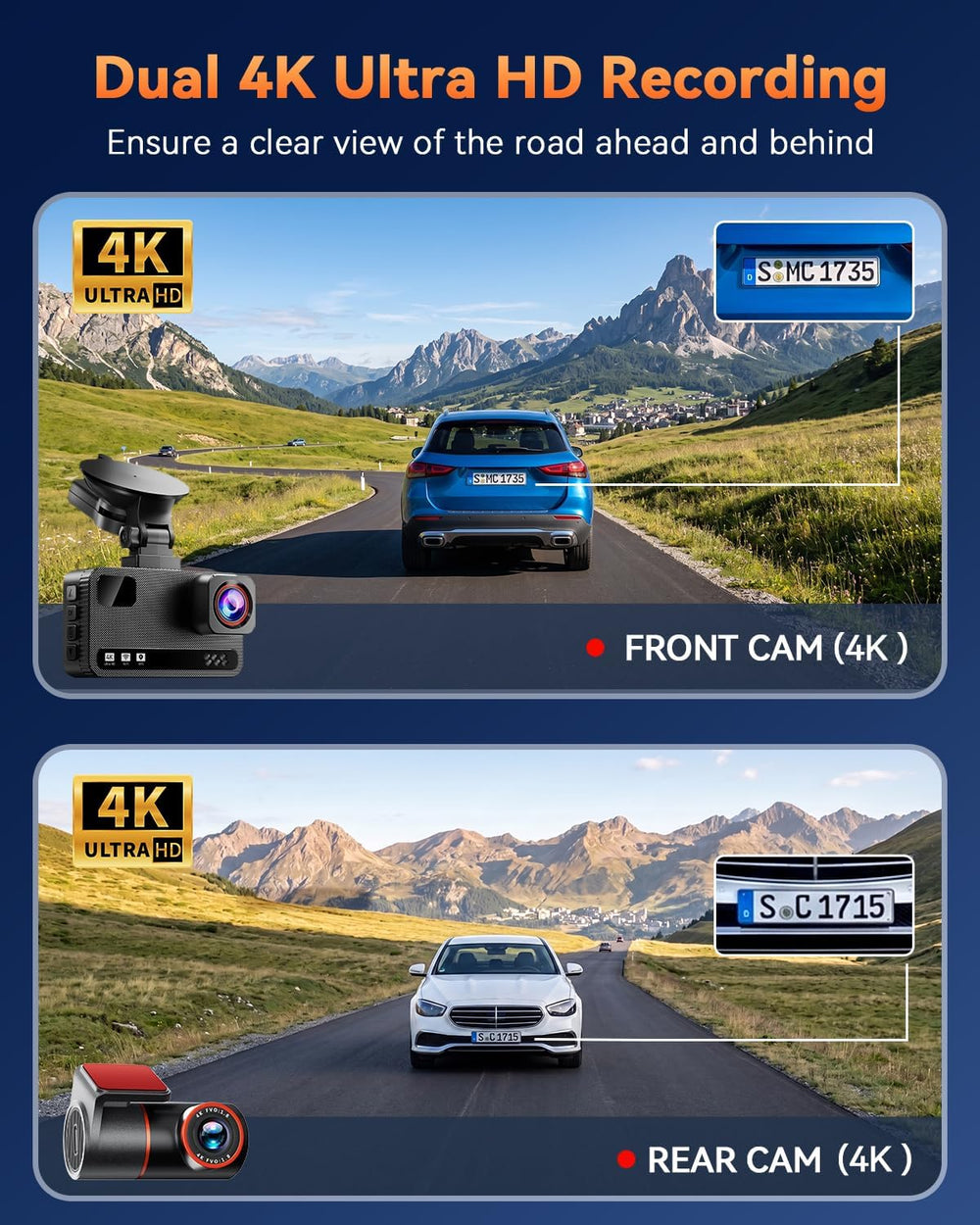 4K+4K Dual Dash Cam Front and Rear, Free 128GB Card, Starlight Night Vision