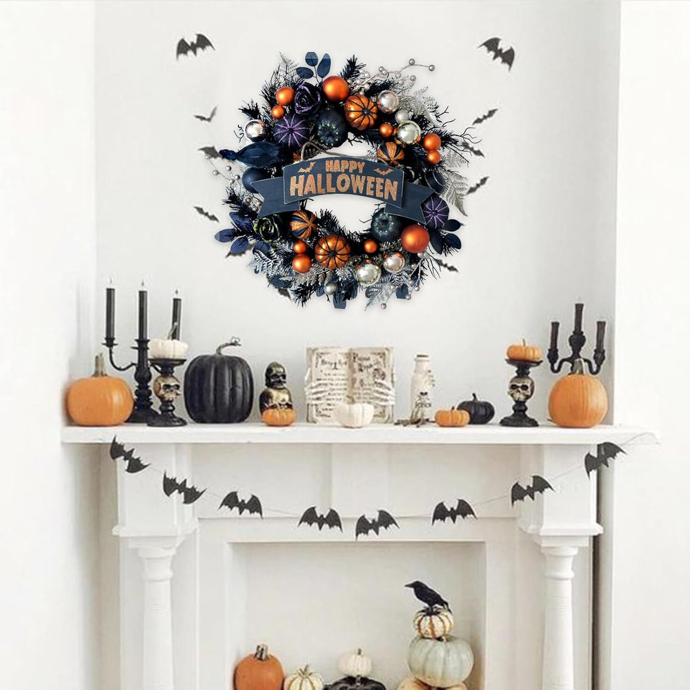 24โ Halloween Black Glitter Pumpkin with Balls Wreath for Front Door