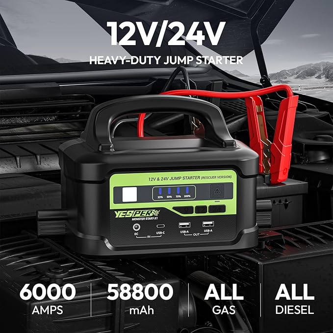 YESPER 6000A Jump Starter with 145W Quick Charge, 12V/24V Heavy Duty Truck