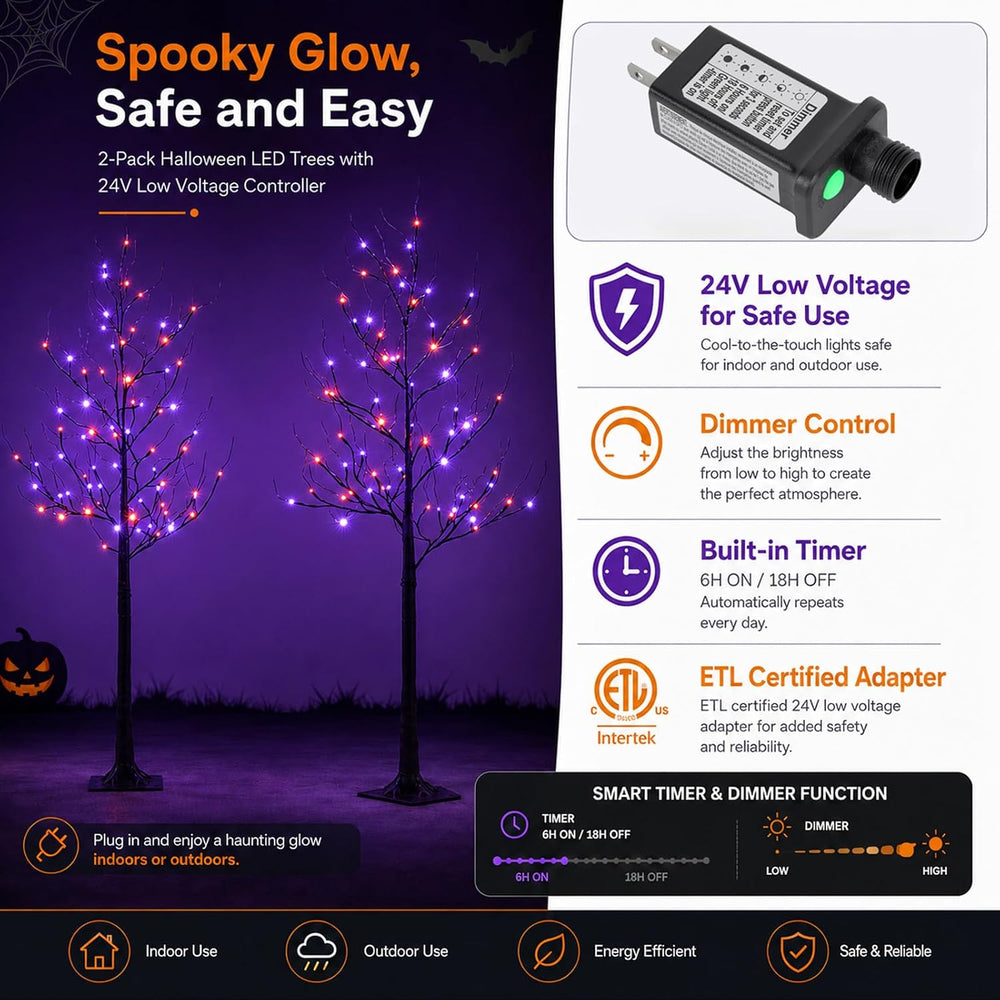 5FT LED Lighted Halloween Tree 2-Pack Orange and Purple Lights Dรฉcor