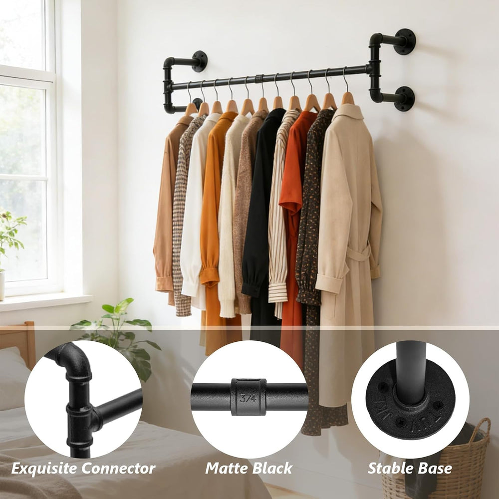 Industrial Pipe Clothing Rack, 32.6 Inch Wall Mounted Garment Rack, Space-Sav...