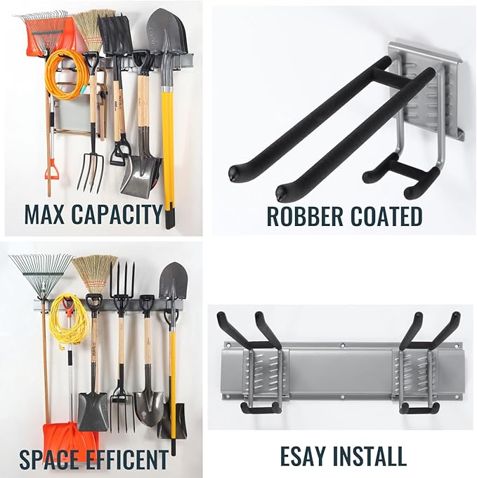 Wall Mount Tool Storage Rack, Heavy Duty Garage Organizer, Garden Hooks and