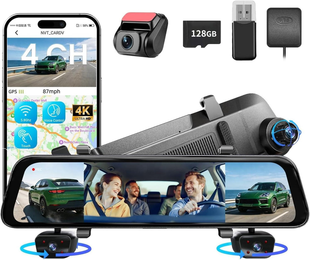 12'' Rear View Mirror Camera,4 Channel Mirror Dash Cam 4K+3x1080P,Das...