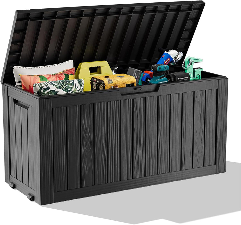 ROJIK Deck Box Storage Bench with Wheels Outdoor, 140 Gallon, Black