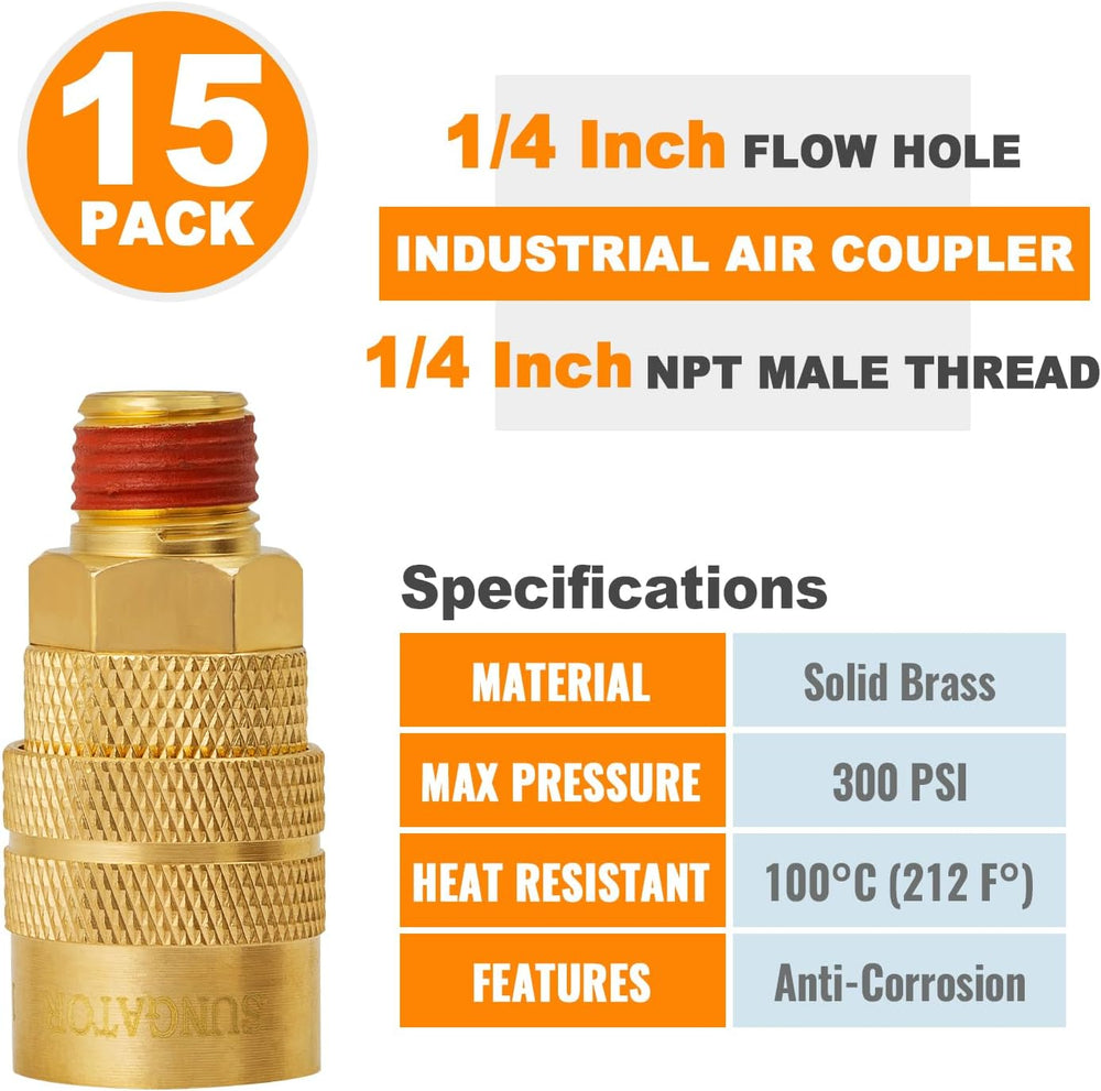SUNGATOR 15-Pack Brass 1/4" Quick Connect Air Hose Coupler, MNPT Industrial