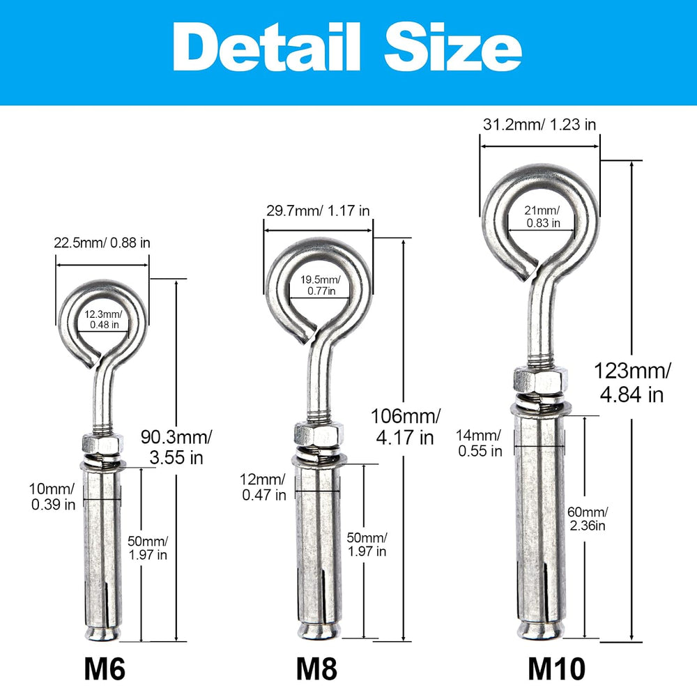 Shoulder Eye Bolts M10 Heavy Duty Shoulder Lag Eyebolts, Stainless Steel Expa...