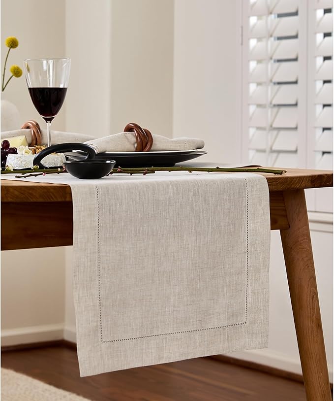 Solino Home Linen Light Natural Table Runner 60 Inches - Classic Hemstitch, 1...