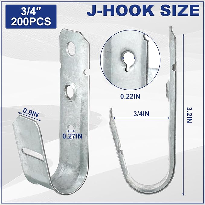Gisafai 200 Pcs Cable Support J-Hook, 3/4 Inch Metal Garage Hooks