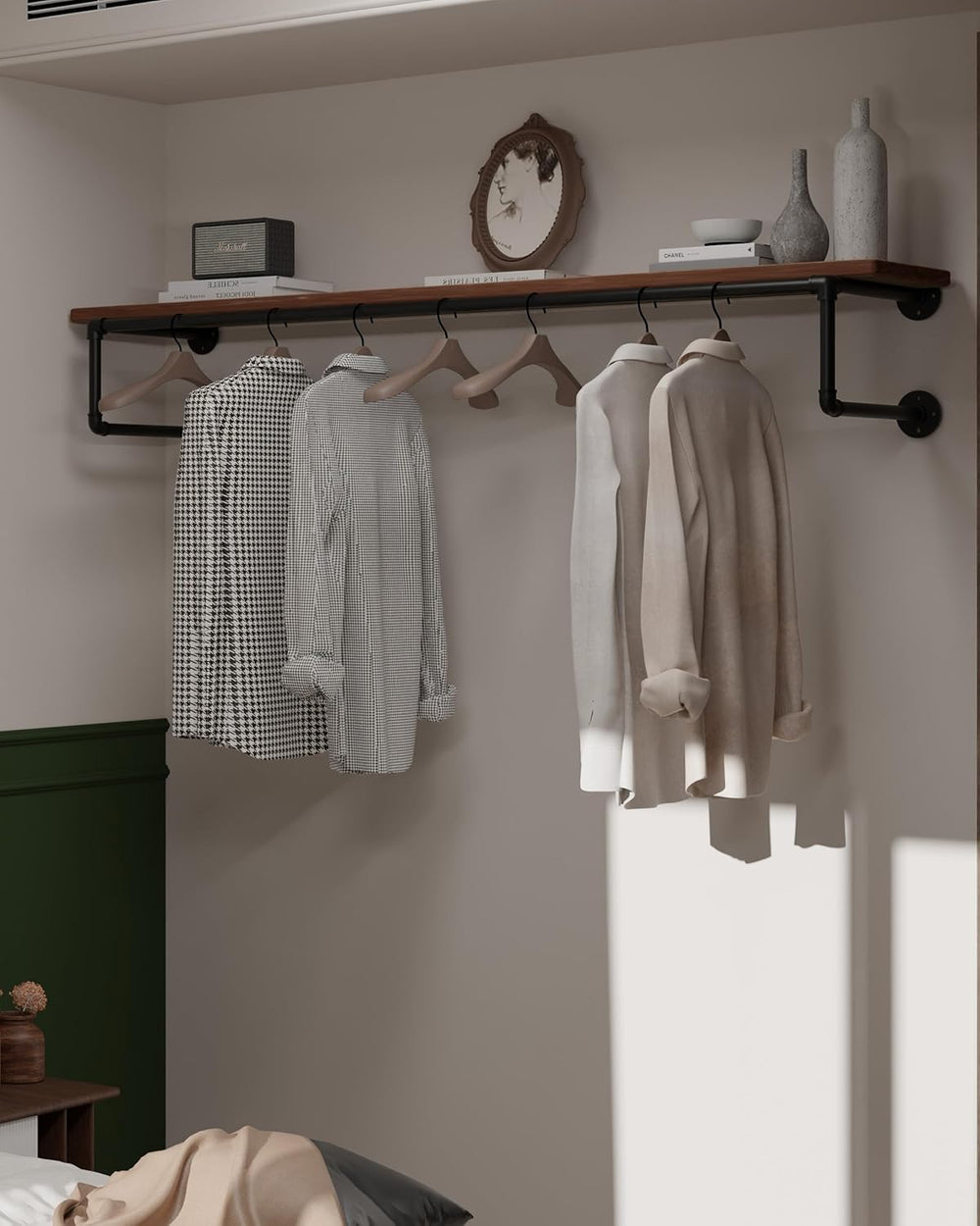 Clothes Rack 60in, Wall Mounted Garment Racks with Real Wood Shelf, Heavy Dut...