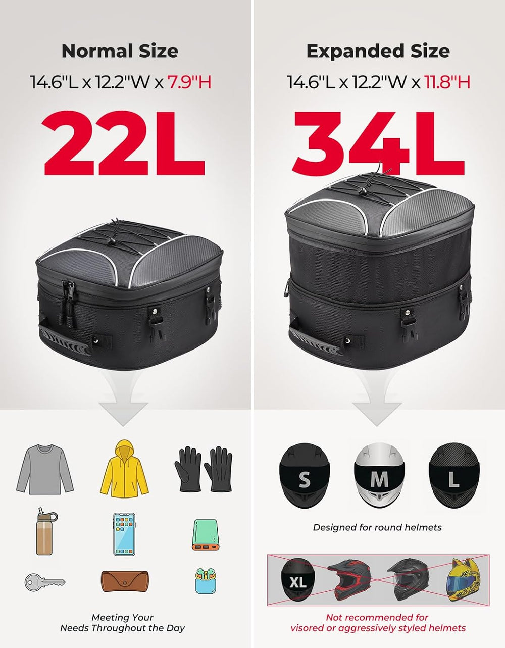 KEMIMOTO Motorcycle Tail Bag, Dual Use Motorcycle Rear Seat Bag with Waterpro...