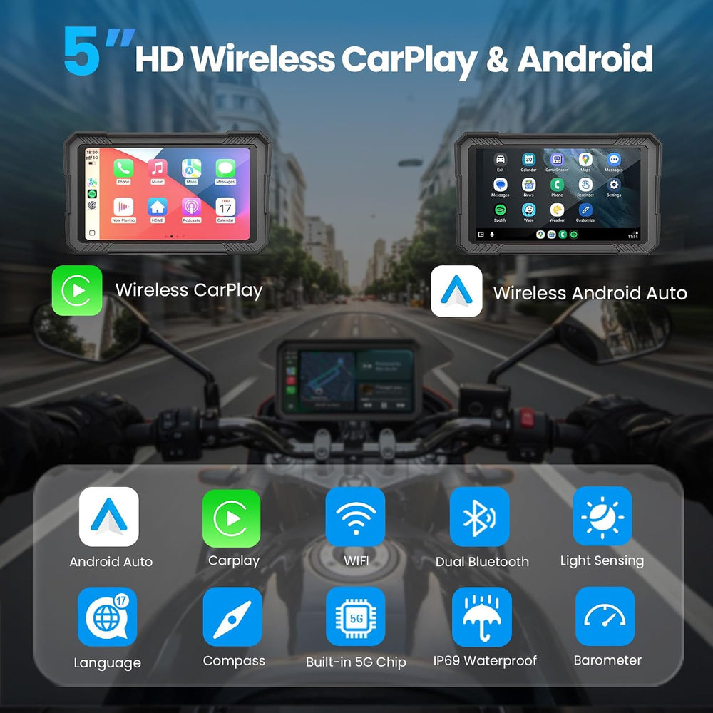 Motorcycle CarPlay Screen with Android Auto – 5” Waterproof GPS Pantalla para...