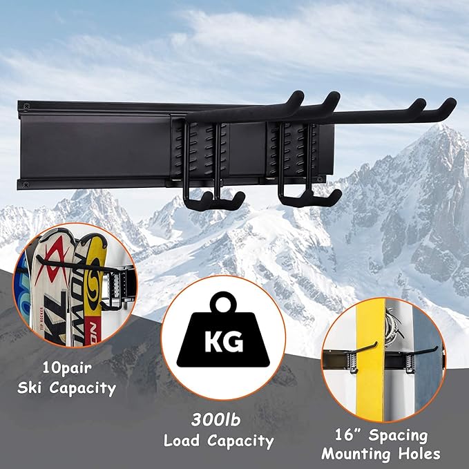 Ultrawall 24-Inch Wall Mounted Ski Rack, Holds Up to 300lbs, Powder-Coated Steel