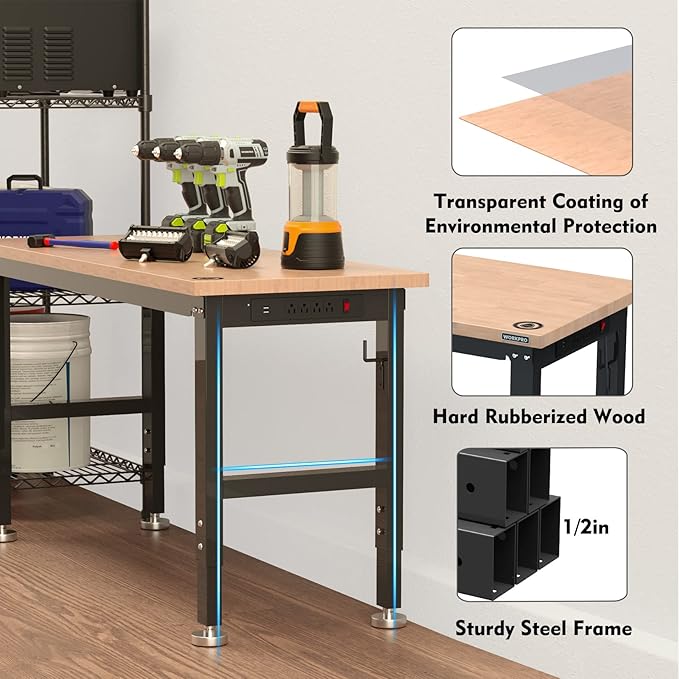 WORKPRO 60" Adjustable Workbench, Rubber Wood Top Heavy-Duty Workstation...