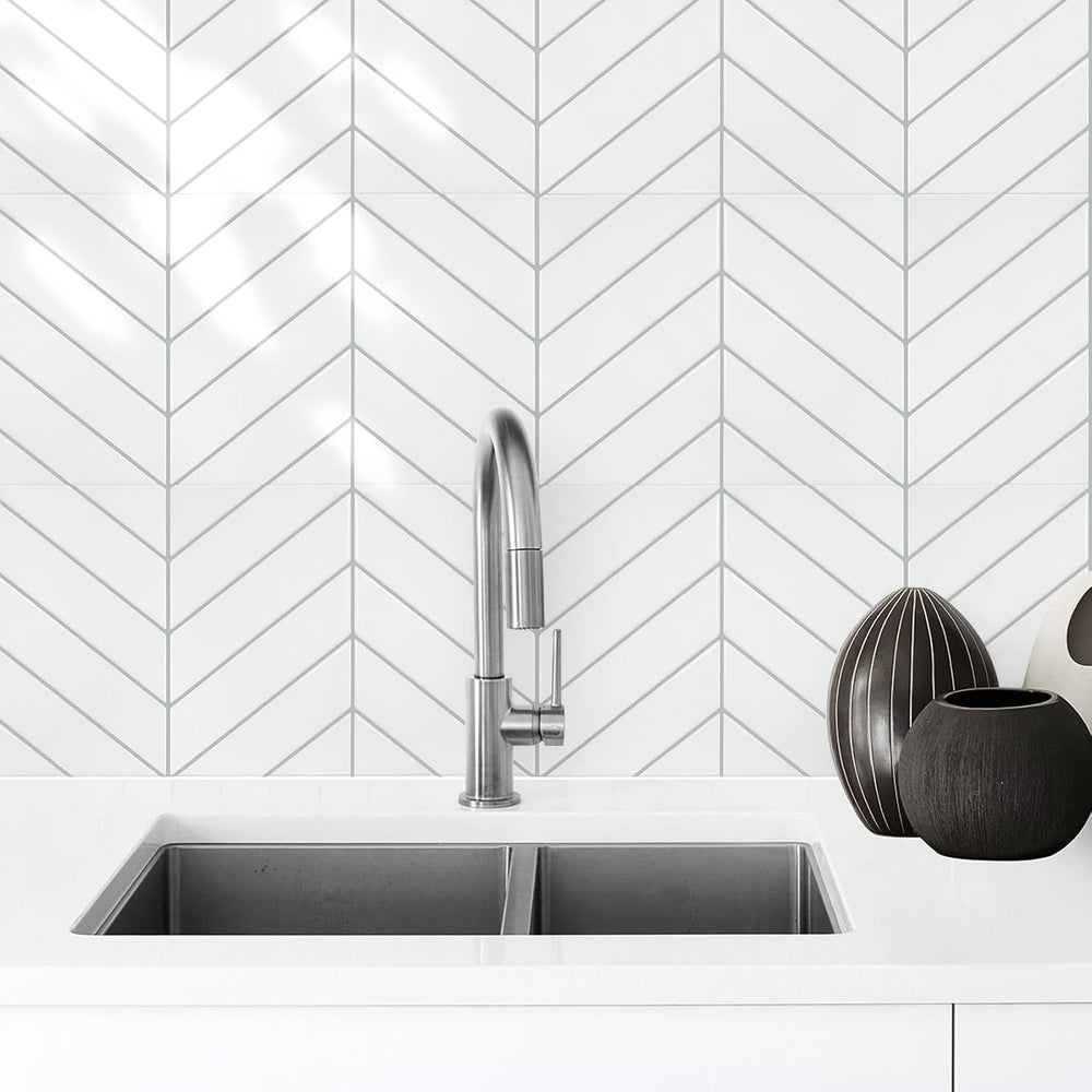STICKGOO Herringbone Peel and Stick Backsplash, White/Grey Grout, 10 Sheets