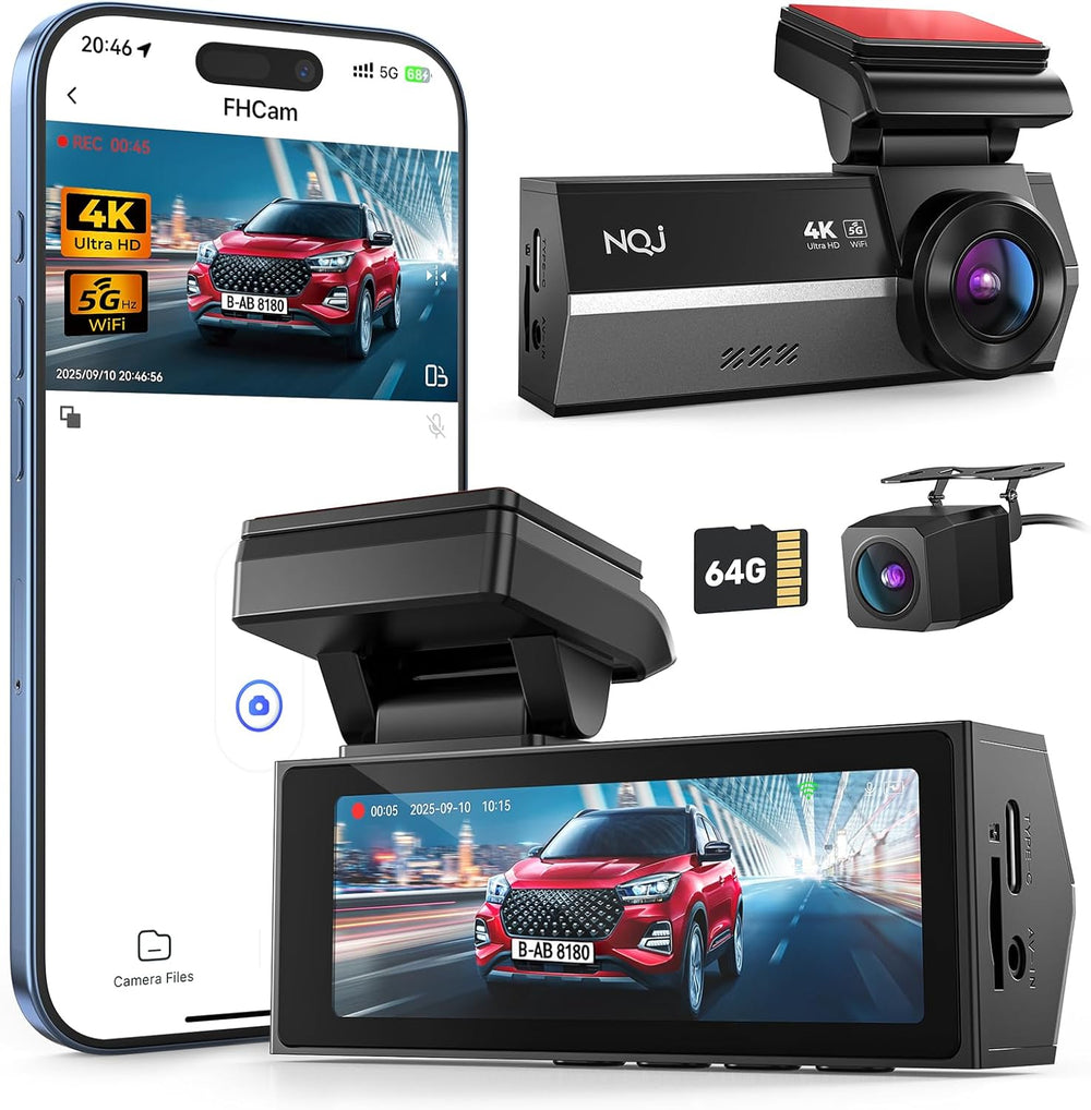 Dash Cams Front and Rear, NQJ 4K+2K Dual Dash Camera for Cars w 64GB Card, 5G...