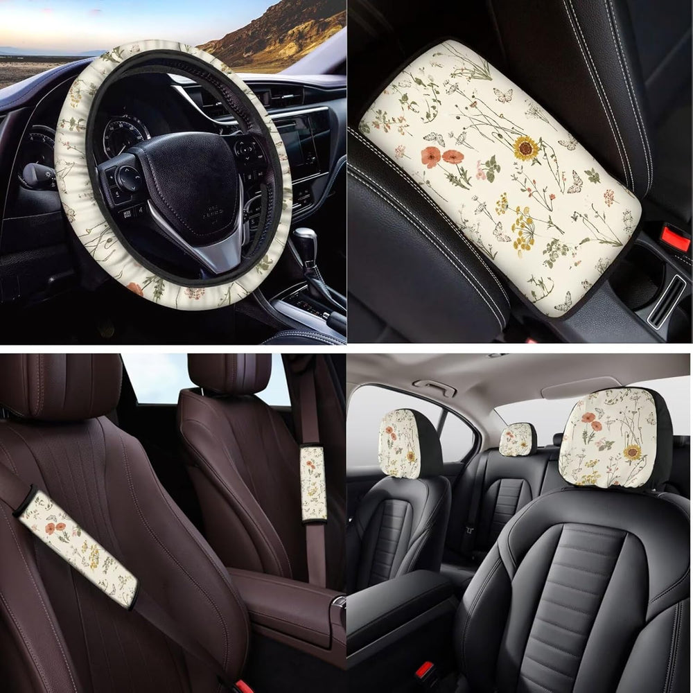 14 PCS Boho Car Seat Covers Full Set with Steering Wheel Cover,Seat Belt Cove...