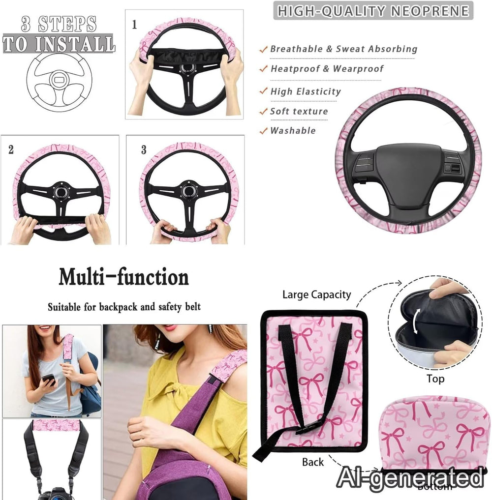 Cute Car Seat Cover Seat Protector 15 PCS, with Steering Wheel Cover Seat Bel...