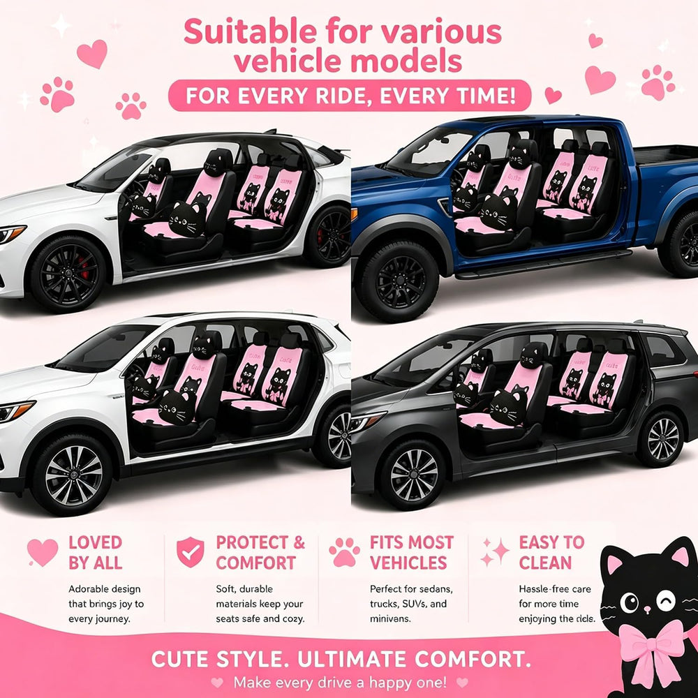 Cute Cat Car Seat Covers For Daily Commutes And Women's Car Decor-11PCS