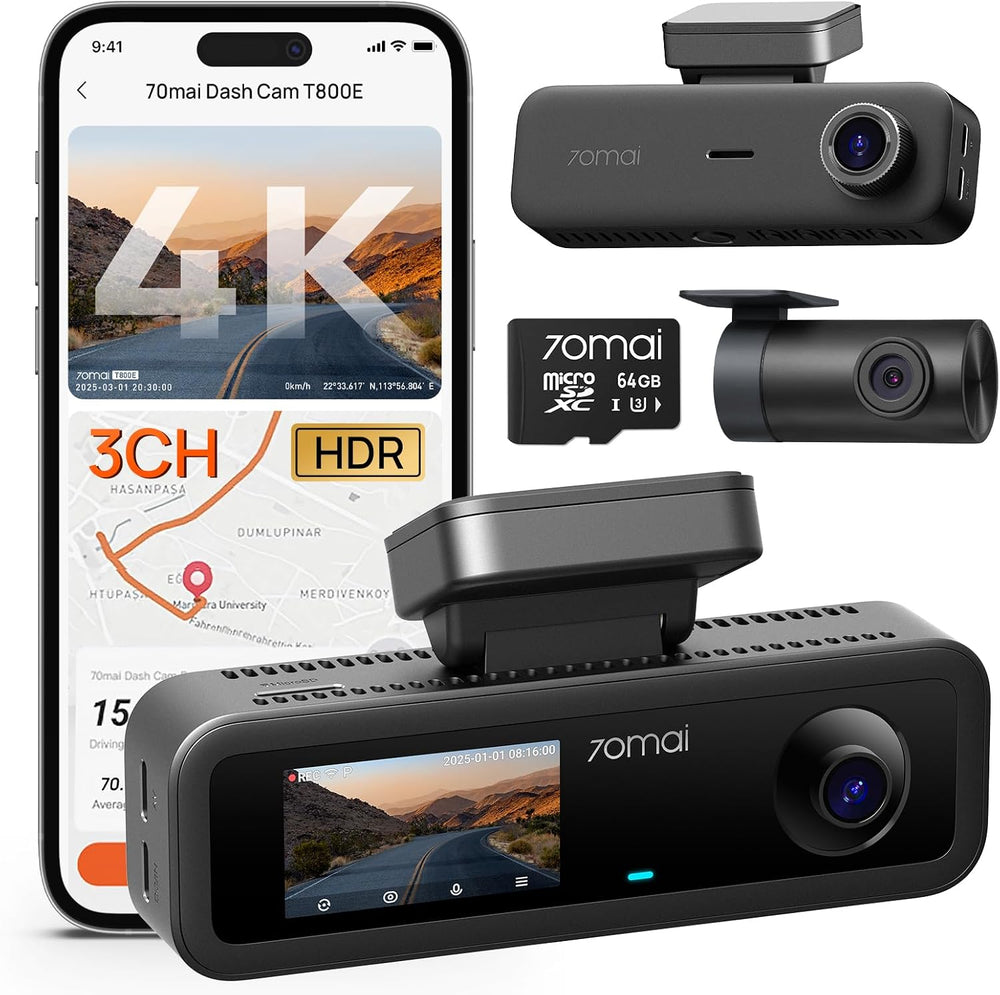 70mai 4K Dash Cam Front and Rear Inside, 3 Channel Car Dash Camera for Cars, ...
