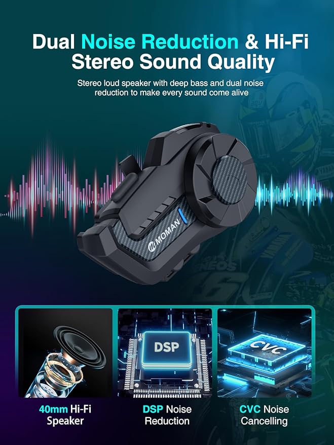 Motorcycle Intercom Headset, Moman H2 Pro【1 Pack Carbon】 Helmet Wireless
