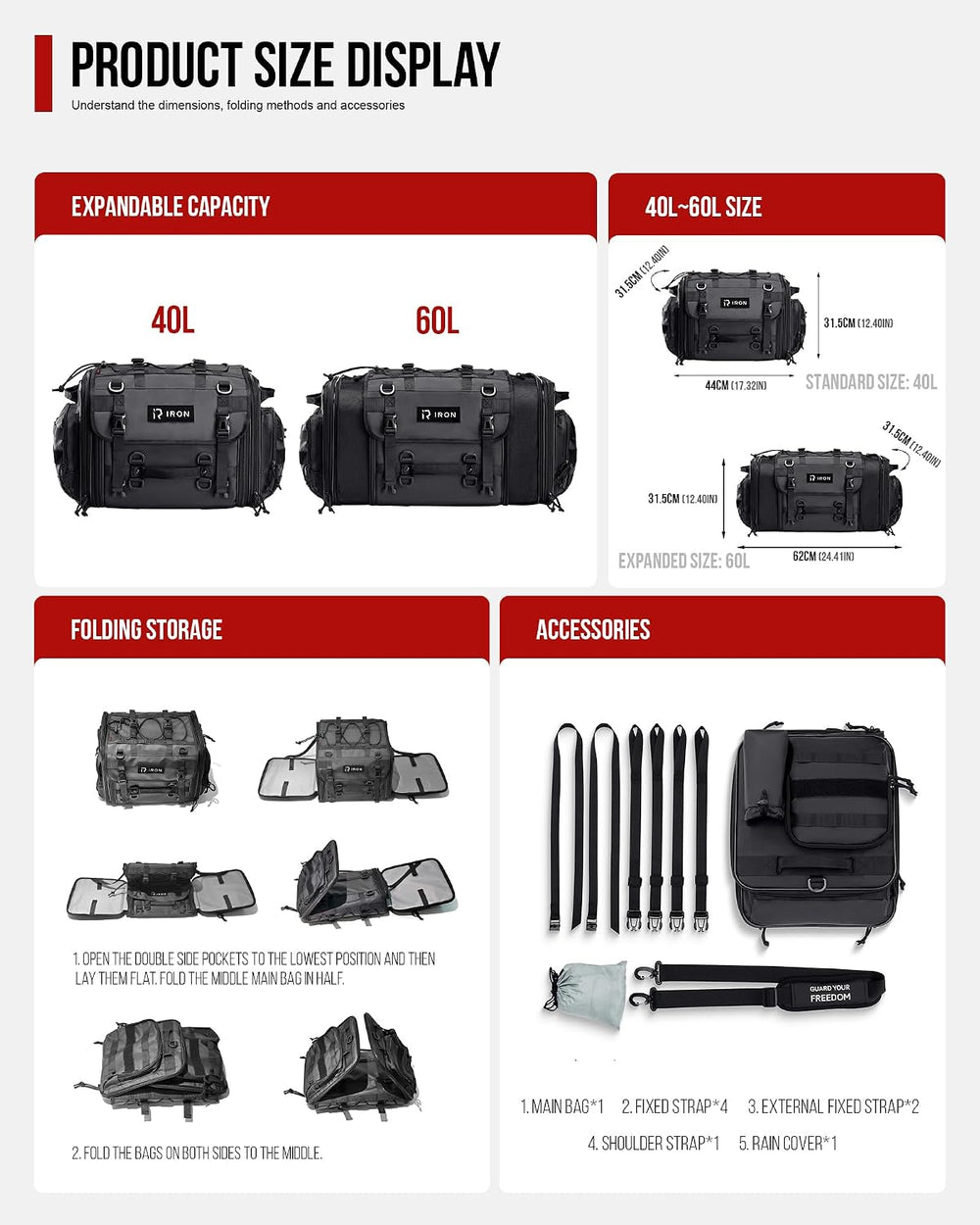 RIDEIRON Motorcycle Tail Bag, Expandable from 40L to 60L with Rain Cover