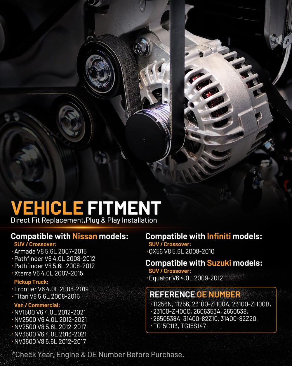Alternator 11256 130A Fit for Nissan Frontier 2008-2019 4.0L 5.6L