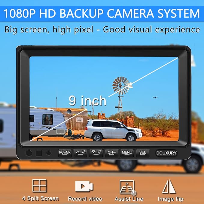Backup Camera System with 9'' Quad Split 1080P Monitor