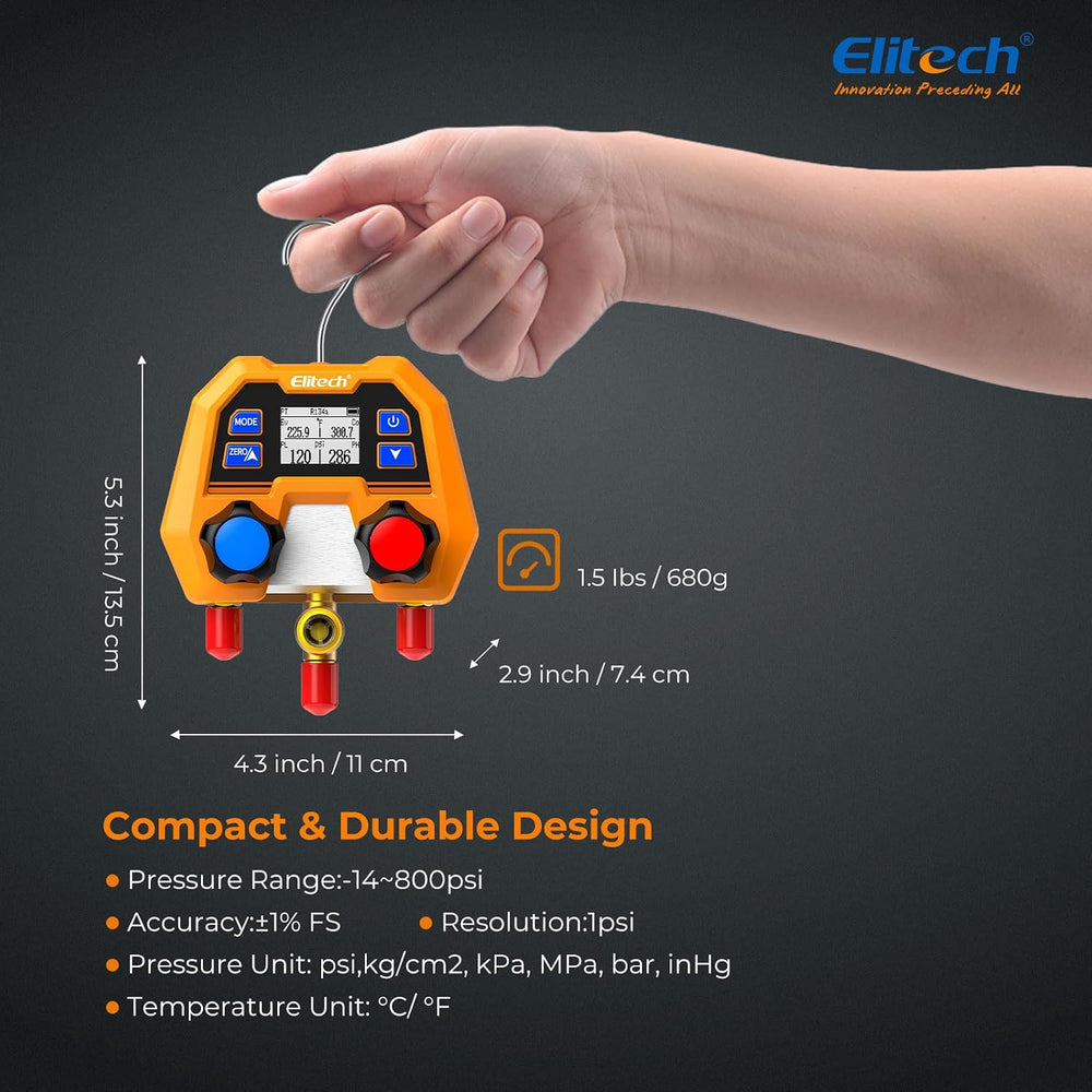 Elitech HVAC Digital Manifold Gauge Set DMG-2SE with Hoses & R410A Adapters