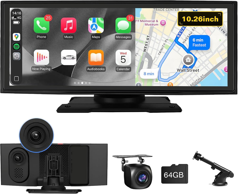 10.26'' Wireless CarPlay Screen for Car with 4K Dash Cam & 1080P ...