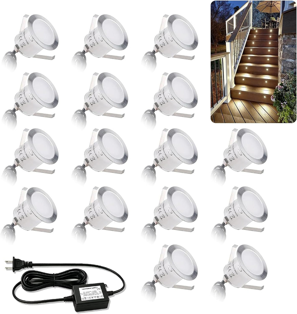 16 Pack Recessed LED Deck Light Kits with 12V Power Adapter, 32mm Warm White,...