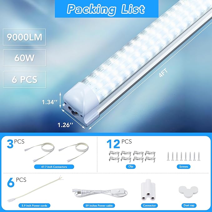 T8 LED Shop Lights 4FT Garage Light, 6 Pack 60W 9600LM 6000K Daylight Work