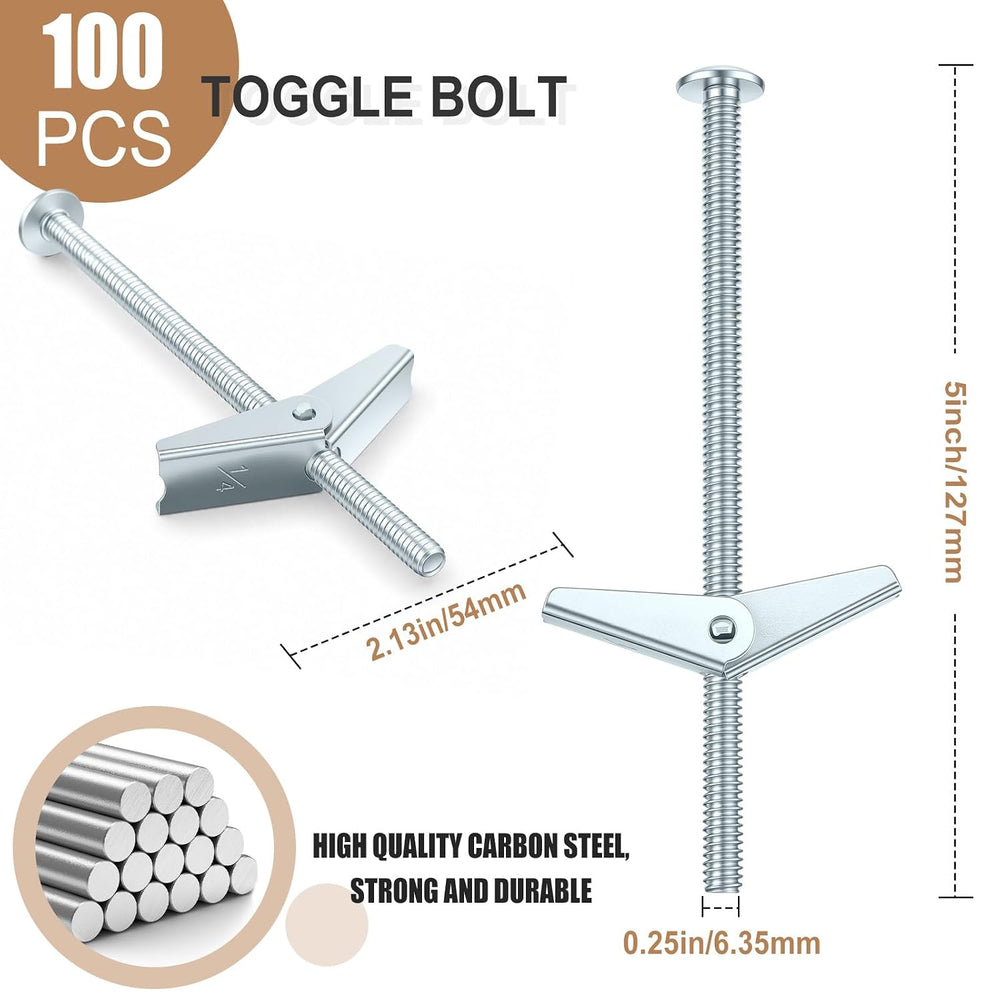 Yaocom 100 Pcs 1/4" X 5" Toggle Bolts and Wing Nut Wall Anchor for ...
