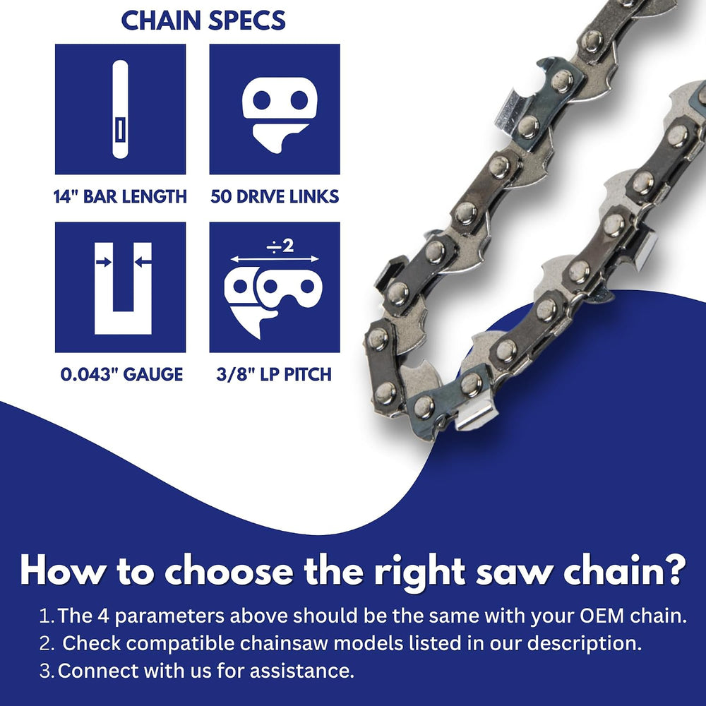 Jeremywell 14 Inch R50 Chainsaw Chain Blade 50 Drive Links 3/8" LP Pitch...