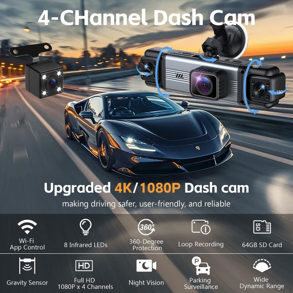 4 Channel 360ยฐ Dash Cam Front and Rear Inside, 64GB Card Included