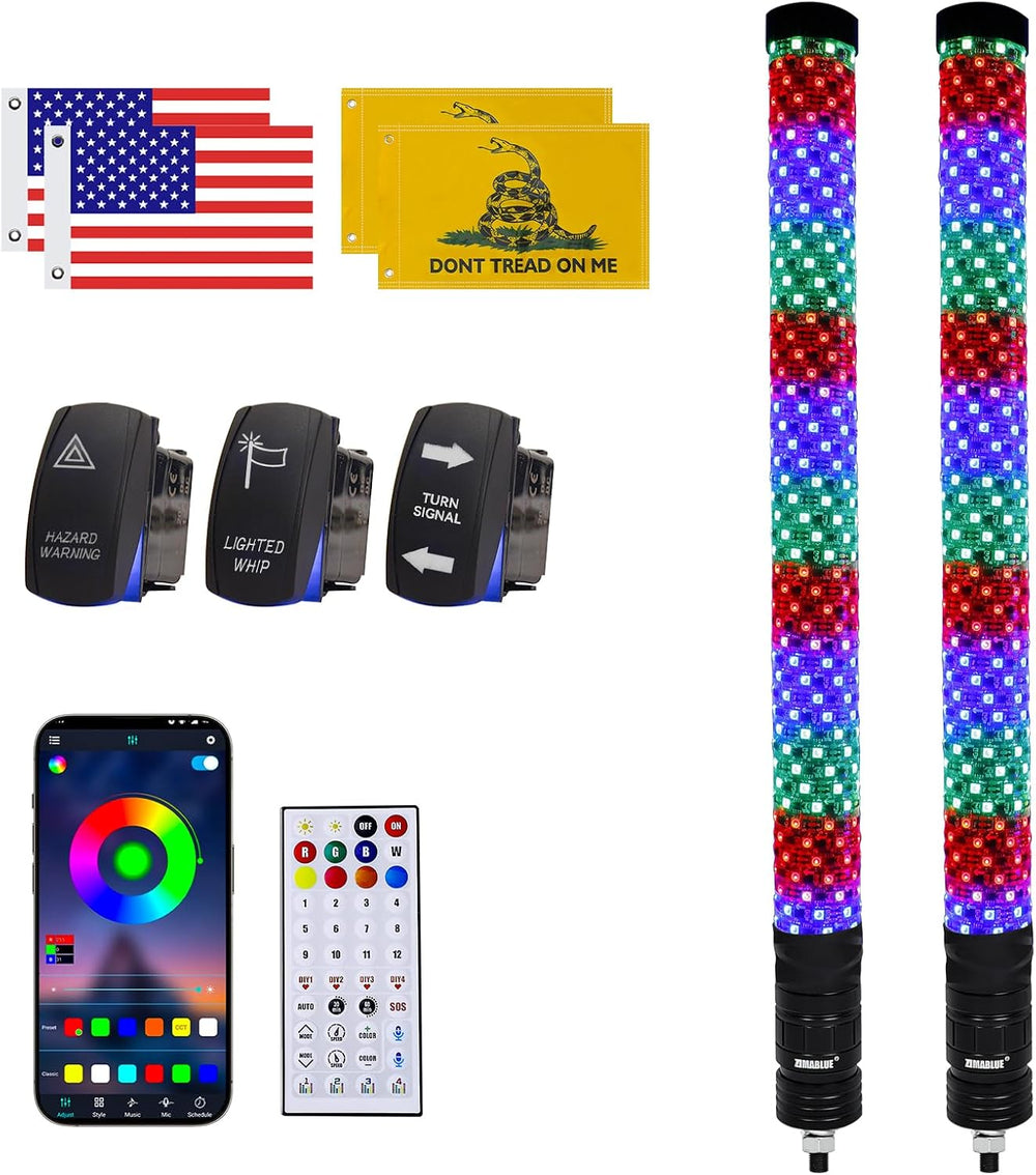 ZIMABLUE 2PC 2FT Fat Whip Lights for Side by Side, App & Remote Control R...