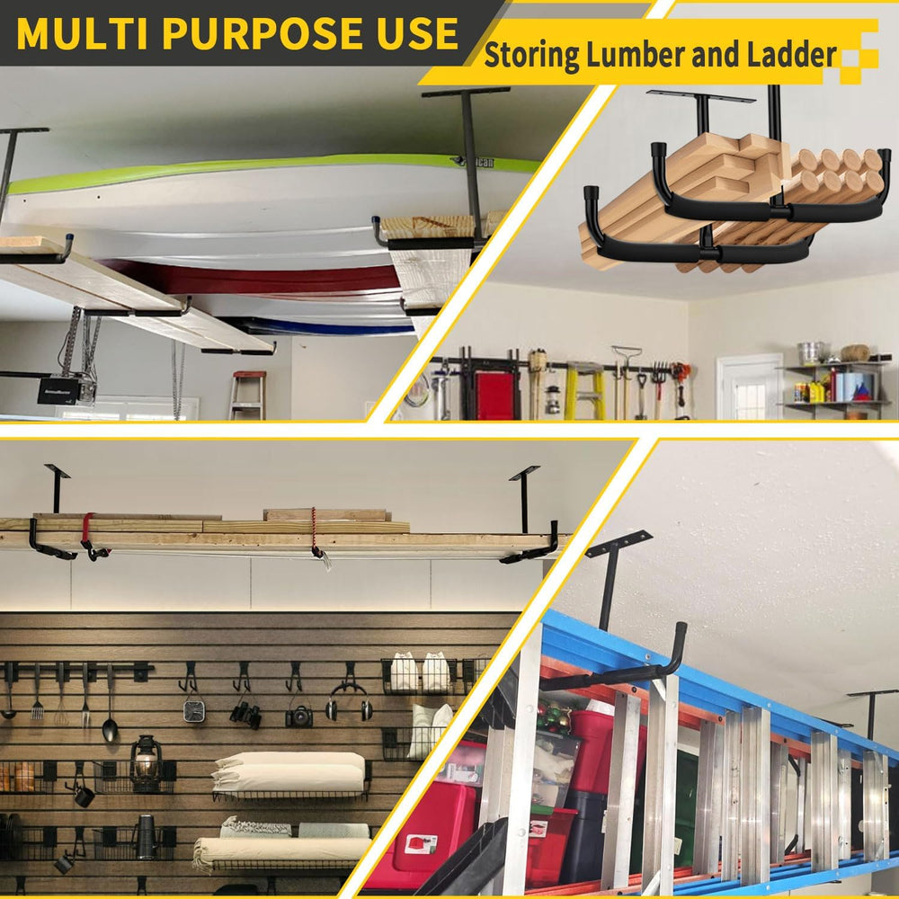 4 Pack Overhead Garage Storage Rack with 4 J Hooks, Heavy Duty Ceiling Mounte...