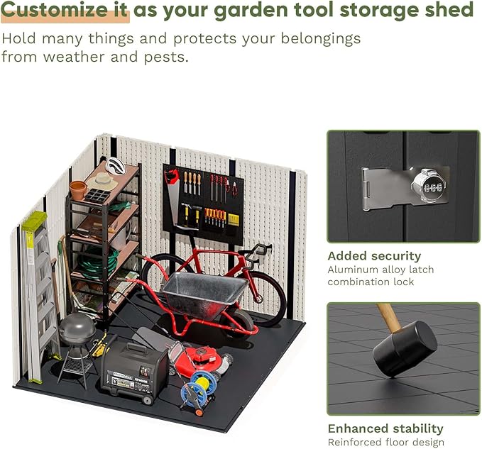 Patiowell 8x8 FT Outdoor Storage Shed, Plastic Shed Resin Garden Tool Shed