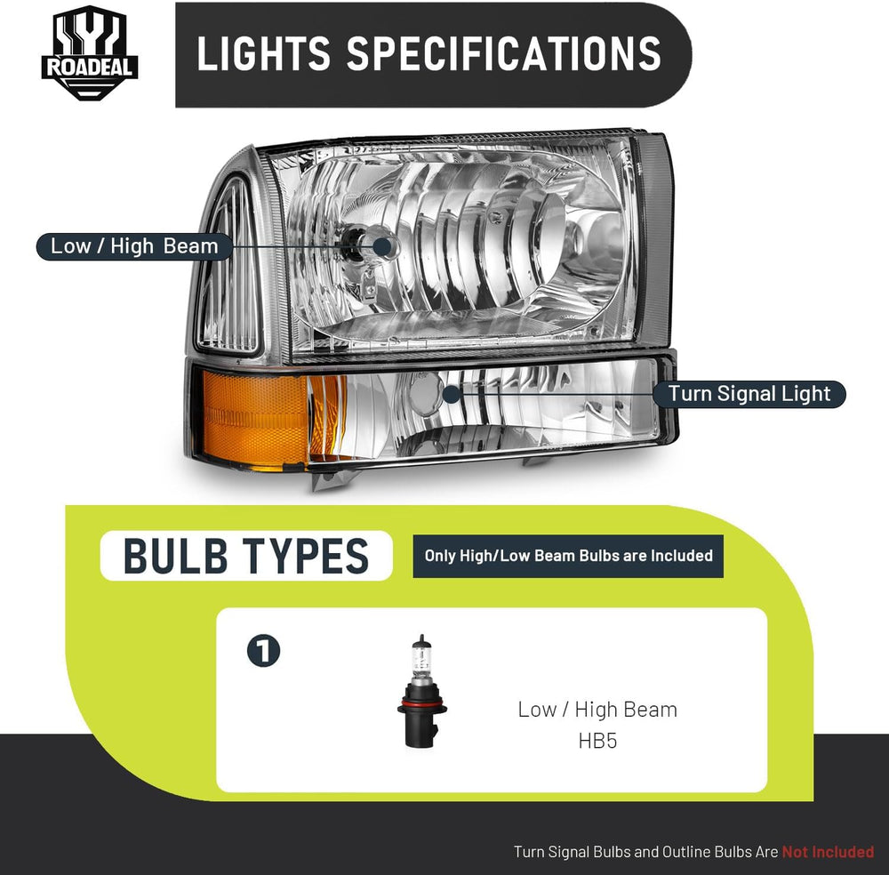 Headlight Assembly W/Bulbs for 1999-2004 Ford Super Duty F250 F350 F450 F550,...