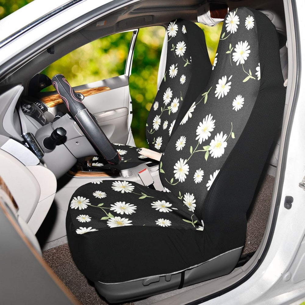 Daisy Car Seat Covers Set of 2,Cute Daisy Flowers Black Design Universal Auto...