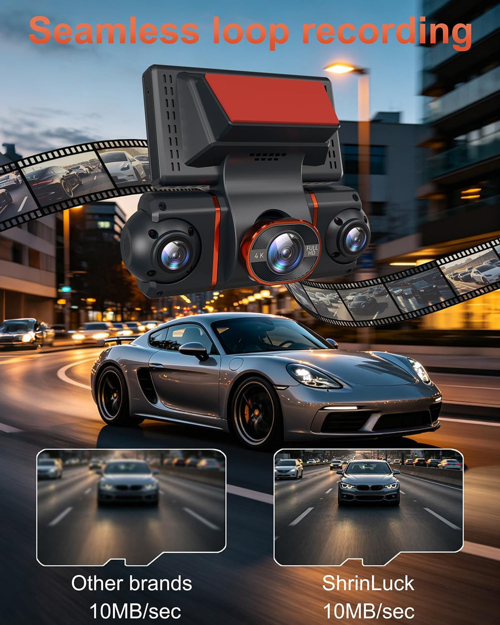 4K+1080P*3 FHD Dash Cam Front and Rear, 360ยฐ Car Camera, 5.8GHz WiFi 20MB/s