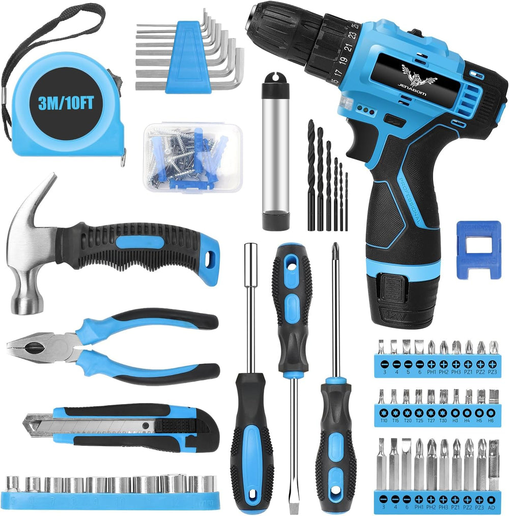 JENABOM Tool Set, 146-Piece Home Tool Kit with 12V Blue Cordless Drill