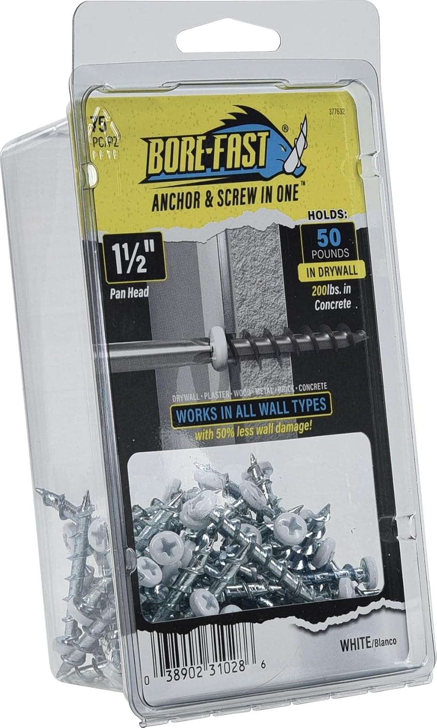 Hillman Borefast Drywall Anchors, 1-1/2in Pan Head, 75 Pack, White